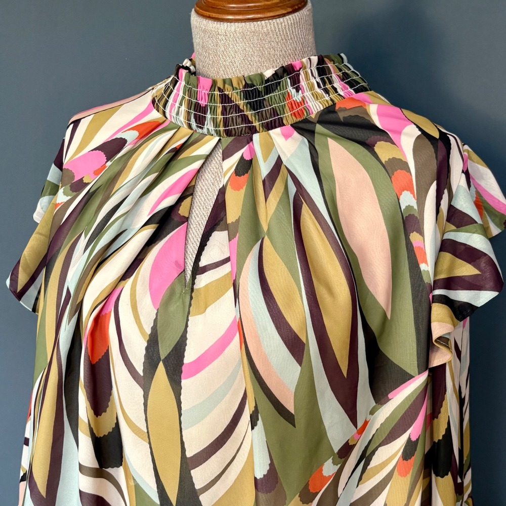 Karen Millen Abstract Psychedelic Print Ruffle Blouse‎ Multicolor | Sz 16 | Mod